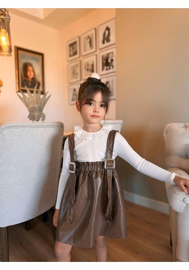 Deri Slopet Çocuk Elbise Kahverengi