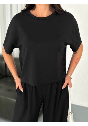 Osy Modal Yumuşak Dokulu Kumaş Bisiklet Yaka T-shirt Bol Paça Pantalon Ikili Takım -siyah Siyah