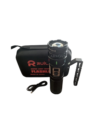 10000 Lümen Led Işık Zoom Özellikli Powerbank & Usb Girişli Su Geçirmez Taktik Fener Kamp, Av, Acil Durum Siyah