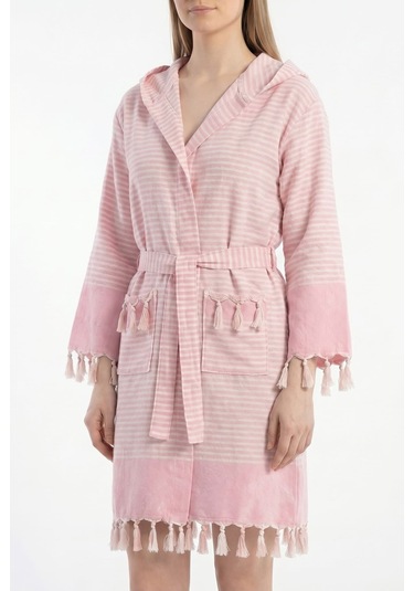 Kapşonlu Unisex Peştemal Plaj Bornozu %100 Pamuklu Seaside Stripe Pembe