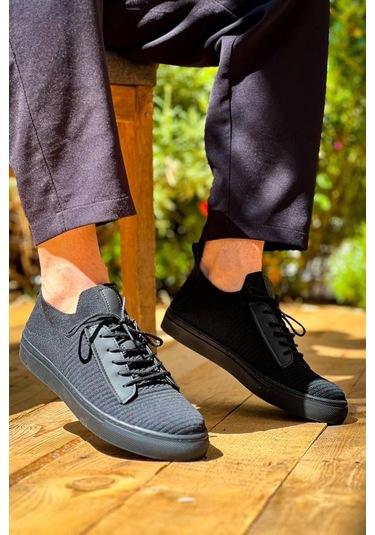 Siyah Triko Siyah Yüksek Taban Bağcıklı Günlük Erkek Ayakkabısı Siyah