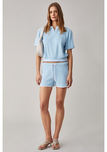 DZENKA Kadın Oversize Geniş Paça Yüksek Bel Mavi Alt-Üst Takım