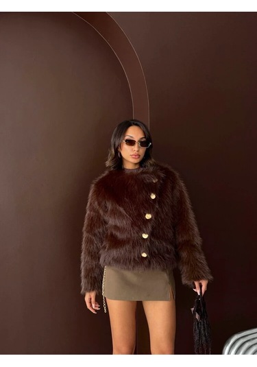 Kadın Vintage Peluş Tüylü Crop Ceket Altın Düğmeli Bisiklet Yaka Kışlık Şık Ceket Koyu Kahve