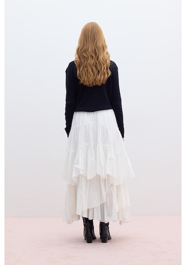 Katlı Boho Vual Etek Ekru Ekru