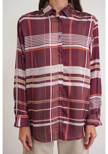 4751 Kadın Ekose İnce Saten Gömlek Bordo Bordo