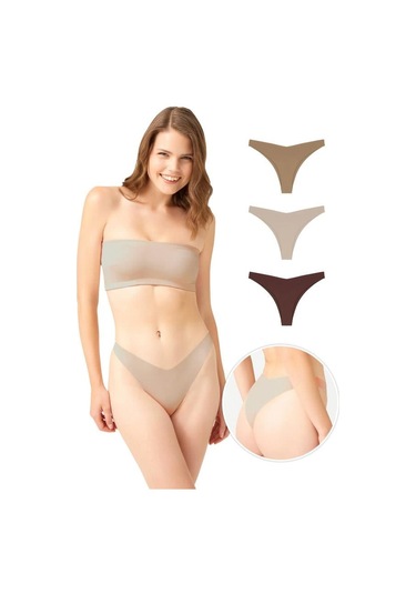 Lazer Kesim Kadın Brezilya Külot 3'lü Paket-2 Renkli-3 Çok Renkli