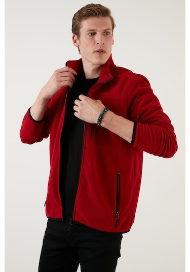 Buratti Slim Fit Fermuarlı Cepli Dik Yaka Polar Erkek Hırka 5906028 Bordo