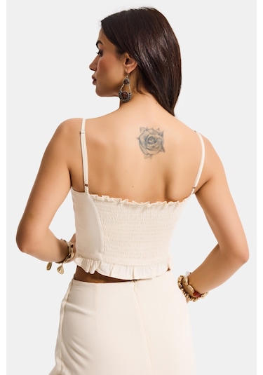 Itsbasic Kadın Bej S6-57 Crop Aksesuar Askılı Poliviskon Bluz