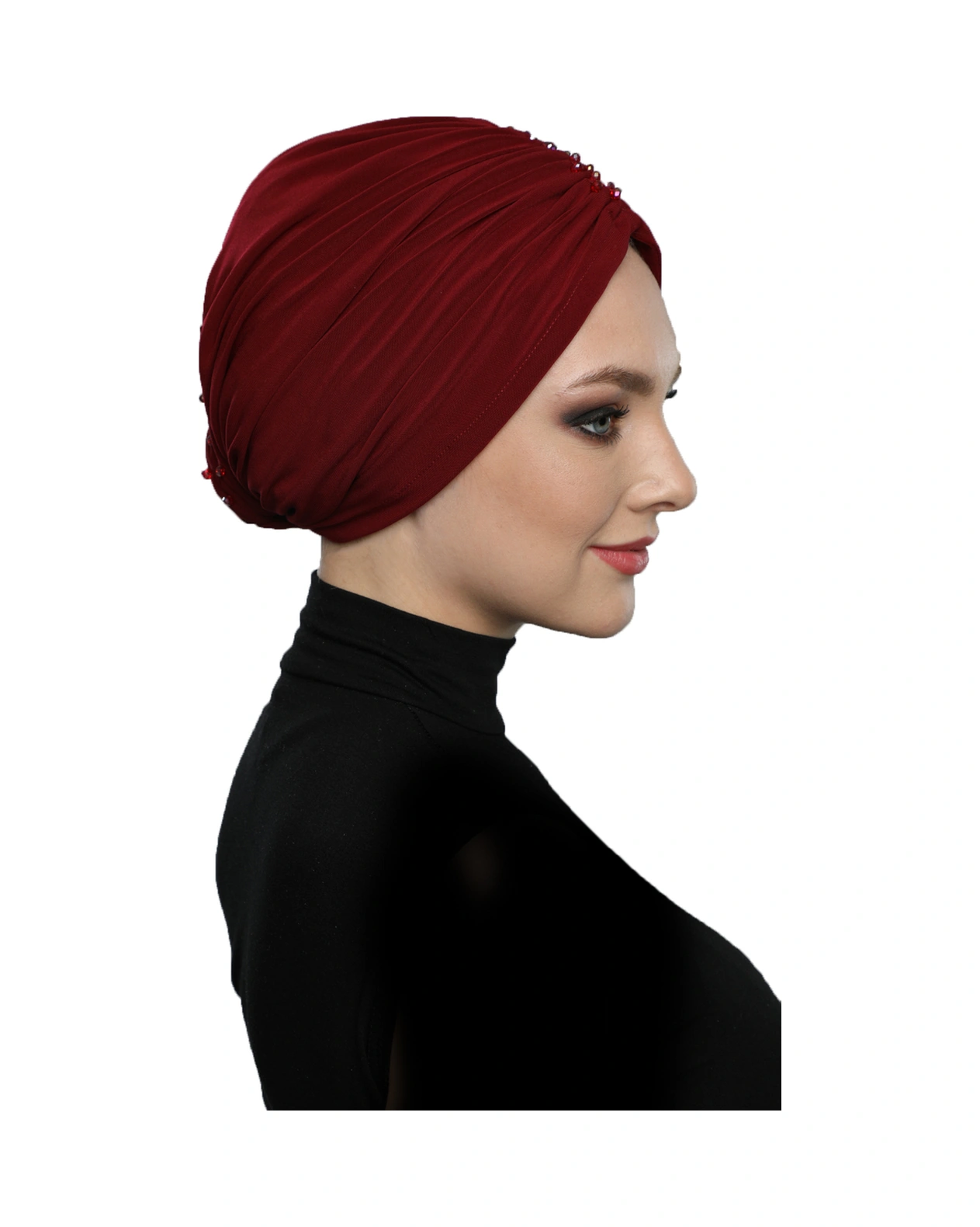 Kristal Yelpaze Taş Işlemeli Çift Taraflı Astarlı Bordo Hazır Türban Tesettür Abiye Bone Bordo
