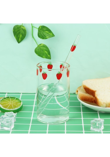 300ml Pipetli Cam Süt Şişesi, Sevimli Yeniden Kullanılabilir Çilek Meyve Bardakları Şeffaf Gl