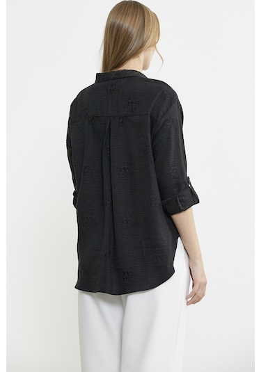 Çiçek Nakış Detaylı Cepli Gömlek - Siyah Siyah