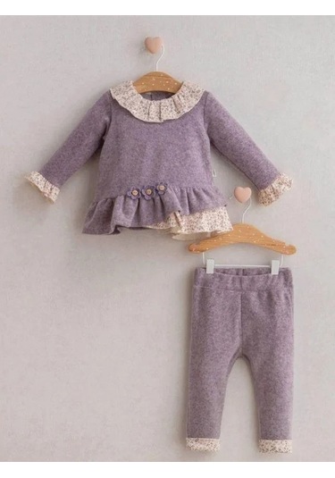 Kız Bebek Çiçek Desenli 2 Li Takım-15268 Mor