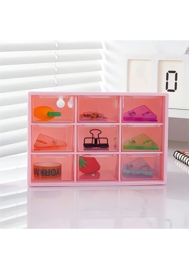 Dashanshop Pembe 9 Parça Şeffaf Çekmeceli Set Takı Kozmetik Ofis Mutfak Organizatörü Pembe