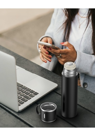 Xiyyadms Aiseely 316 Çelik İki Katlı Vakum Termos Bardak - 12 Saat Isı/sıcak Saklama, 580ml, Dış Mekan/seyahat İçin Siyah Siyah