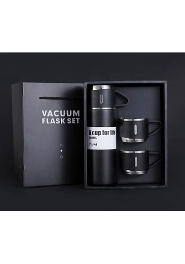 Paslanmaz Çelik Vacuum Termos 3 Bardaklı Siyah 500ml Termos Seti Siyah