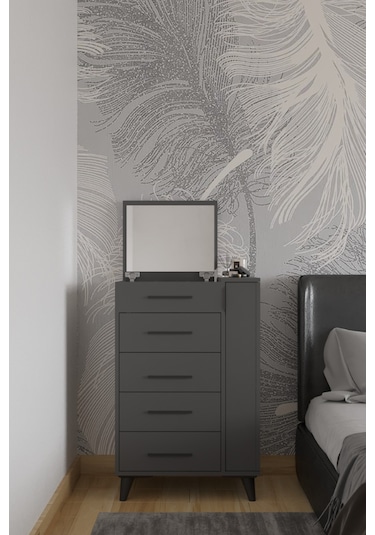 Rose Aynalı Makyaj Masası, Şifonyer, Etijer, Çok Amaçlı Takı Dolabı, Antrasit Antrasit