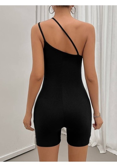 Modasize Kadın Asimetrik Askılı Mini Kaşkorse Bodycon Tulum Siyah