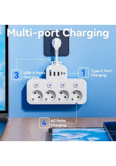 Xuweiwei 8li Avrupa Standart Güç Şeridi Siyah Aşırı Yük Korumalı 4 Ac Çıkış 3 Usb Port Duvara Monte Şarj İstasyonu Ev Ofis Seyahat İçin