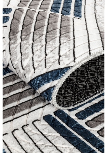 Modern Desenli Kaymaz Taban Elit Şık Dört Mevsim Yıkanabilir Halı Yolluk Mavi