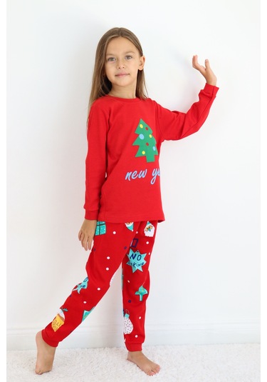 Kız Çocuk Orta Kalınlıkta Basic Baskılı Pijama Takımı Kırmızı