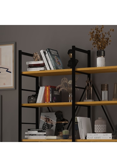 6 Raflı Metal Kitaplık İki Modül-metalk02-afrika Ceviz