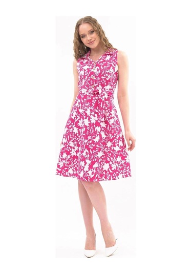 Apsen Kadın Fuşya Düğme Detaylı V Yaka Cotton Elbise4405-105 Fuşya