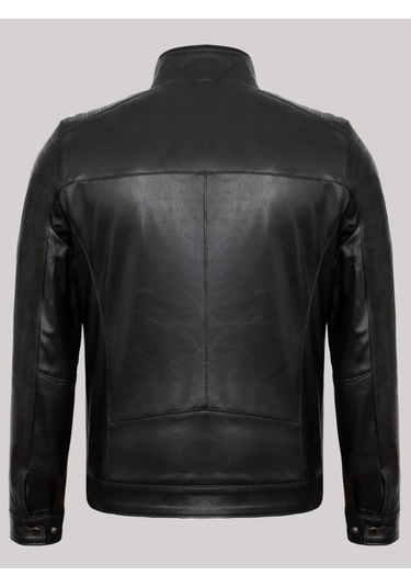 Hakiki Kuzu Derisi Siyah Erkek Deri Mont Omuz Kol Işlemeli Slim Fit Deri Ceket Siyah