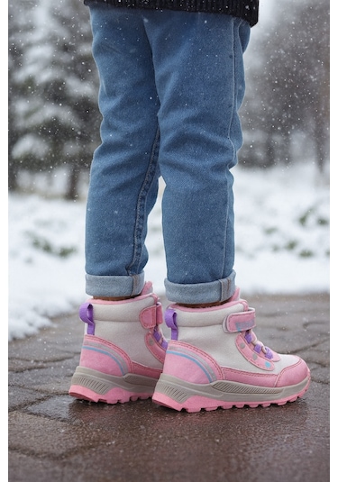 Kız Çoçuk Sim Detaylı Kışlık Kaymaz Taban Su Geçirmez Cırt Cırtlı Yarım Bot Pembe