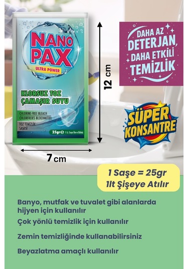 Klorsuz Çamaşır Suyu Toz Temizlik Saşesi 12 Adet X 25gr 12'li Set
