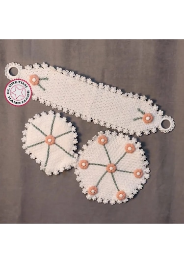 Uretti - Kenan 2196 - 1656 El Örgüsü Yavruağzı Çiçek Motifli Beyaz 3'lü Lif Seti