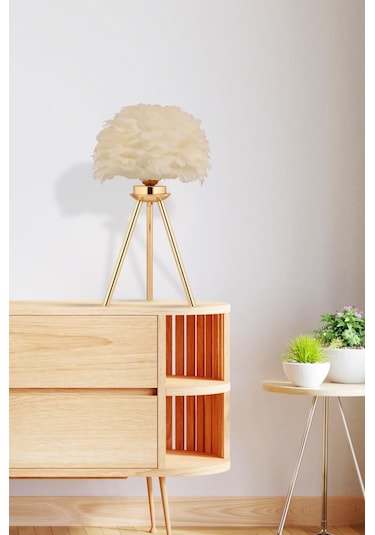 İstanbul Avize Abajur Gold Beyaz Deve Tüylü Abajur Gold