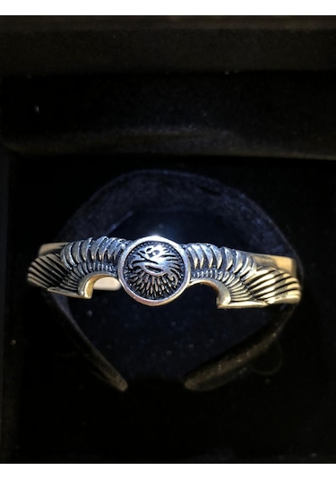 Erkek Gümüş Bileklik - Kartal Motifli Kelepçe Model Işıklı Kutuda Sevgiliye Eşe Babaya