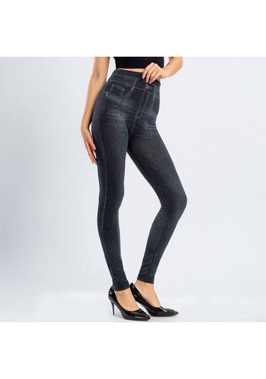 Siyah Kadınlar Yüksek Elastik Bel Streç Tayt Bayanlar Dikişsiz Sahte Denim Kot Leggins Mujer Pantalon Siyah Siyah Kadınlar Yüksek Elastik Bel Streç Tayt Bayanlar Dikişsiz Sahte Denim Kot Leggins Mujer Pantalon Siyah