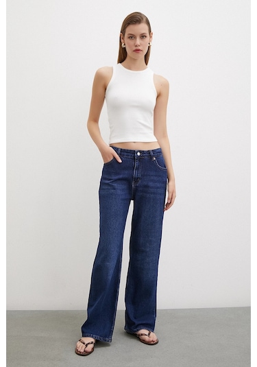 Yüksel Bel Wide Leg Jean Lacivert Lacivert