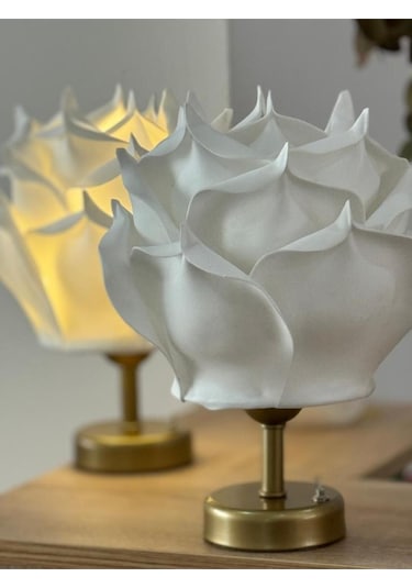 2'li Dekor Yapay Eva Gül Kablosuz Masa Lambası Üst Beyaz-alt Eskitme Gold 9v Kare Pil 2 Adet