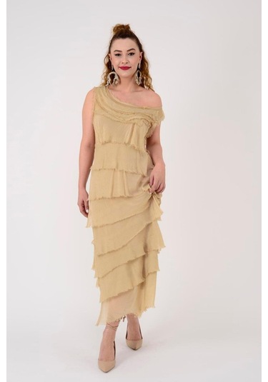 Italyan 2 Beden İnce Gösteren Kat Kat Kolsuz Ipek Elbise Görseldeki