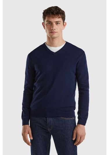 Benetton Erk V Yaka Merino Kazak- Lacivert