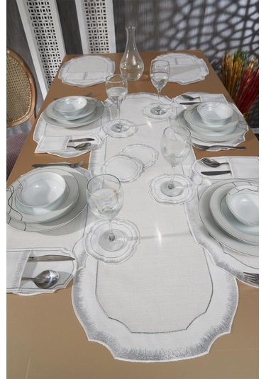 Aslı Keten Nakışlı Amerikan Servis Takımı 19 Parça Silver Gümüş