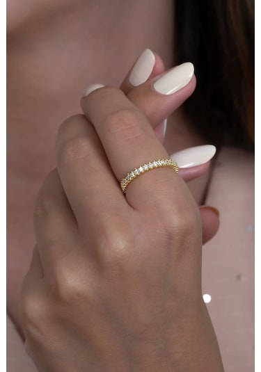 Tek Sıra Tam Tur Taşlı Altın Kaplama Gümüş Yüzük Tkb02S