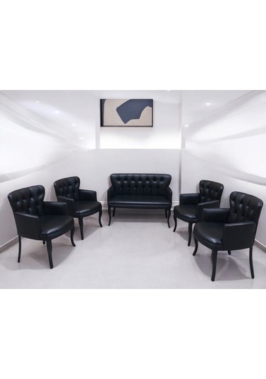 Siyah Deri Gürgen Ayaklı Pera Ofis Koltuk Takımı Kuaför Bekleme Koltuk Takımı Ofis Mobilyası Siyah