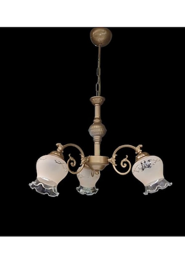 Çicek Kol Üç Kollu Metal Zamak Avize Eskitme Statik Boyalı Mat Somon Rengi Camlı Bal - Eskitme