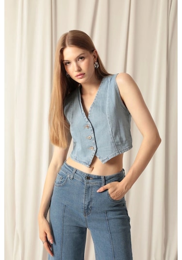 Saklımoda Denim Kumaş Kadın Mavi Kot Yelek Çok Renkli