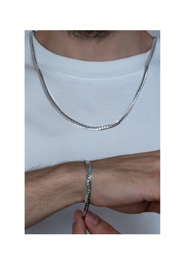 Gümüş İtalyan Ezme Yassı Yılan Çelik Unisex Set Tak... Silver