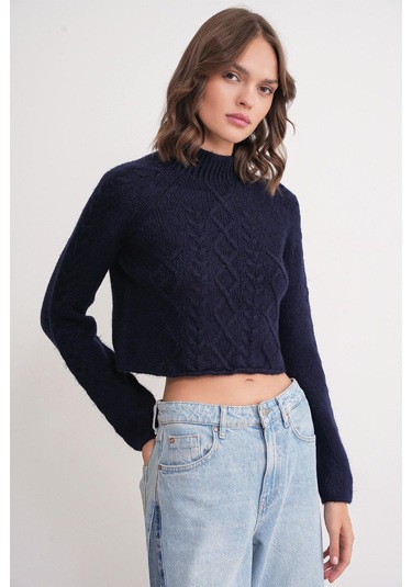 6855 Kadın Dik Yaka Saç Örgülü Triko Kazak Lacivert Lacivert
