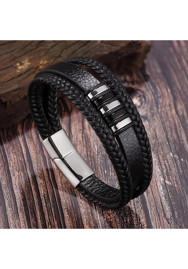 Erkek Hakiki Deri Bileklik Siyah Manyetik Toka Bileklik Db5019 Gri