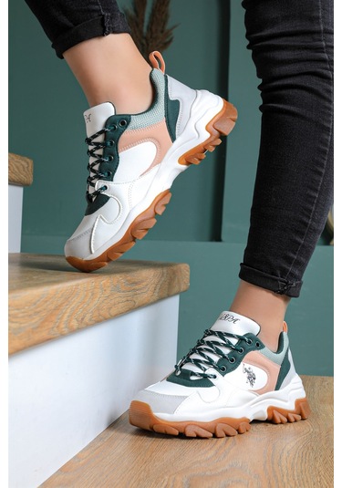 U.S. Polo Assn. Tracky Beyaz Yeşil Kalın Taban Kadın Spor Ayakkab Beyaz