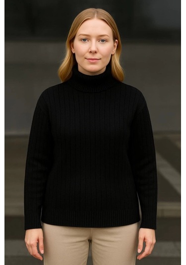 Balıkcı Yaka Bağazlı Triko Kazak Pamuklu Kalın Fitilli Dokuma - Siyah Siyah