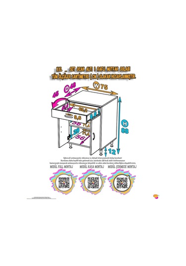 Modilayn Qplas Xxl Set Ocak Altı Dolap 75x88x48 Cm Çekmeceli, Kapaklı 2 Göz Raf Bölmeli Beyaz