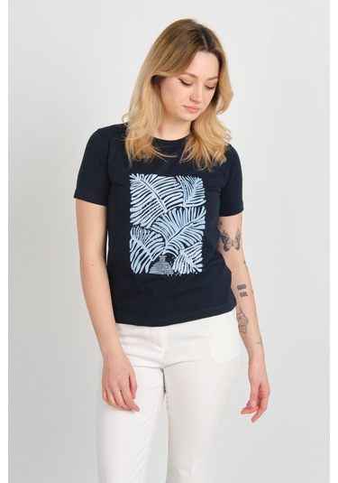 Sistas Kadın Baskı Desenli Kısa Kollu Pamuklu Bluz 24099 Lacivert Lacivert