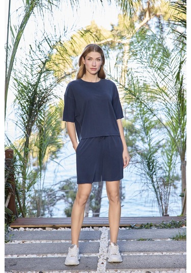 Monamise Kadın Kısa Kollu Bisiklet Yaka Alt Üst Takım 25078 Lacivert